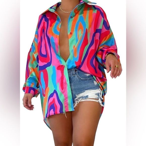 Printed Fushia Oversized Shirt/ Dress- NWT - Picture 1 of 8